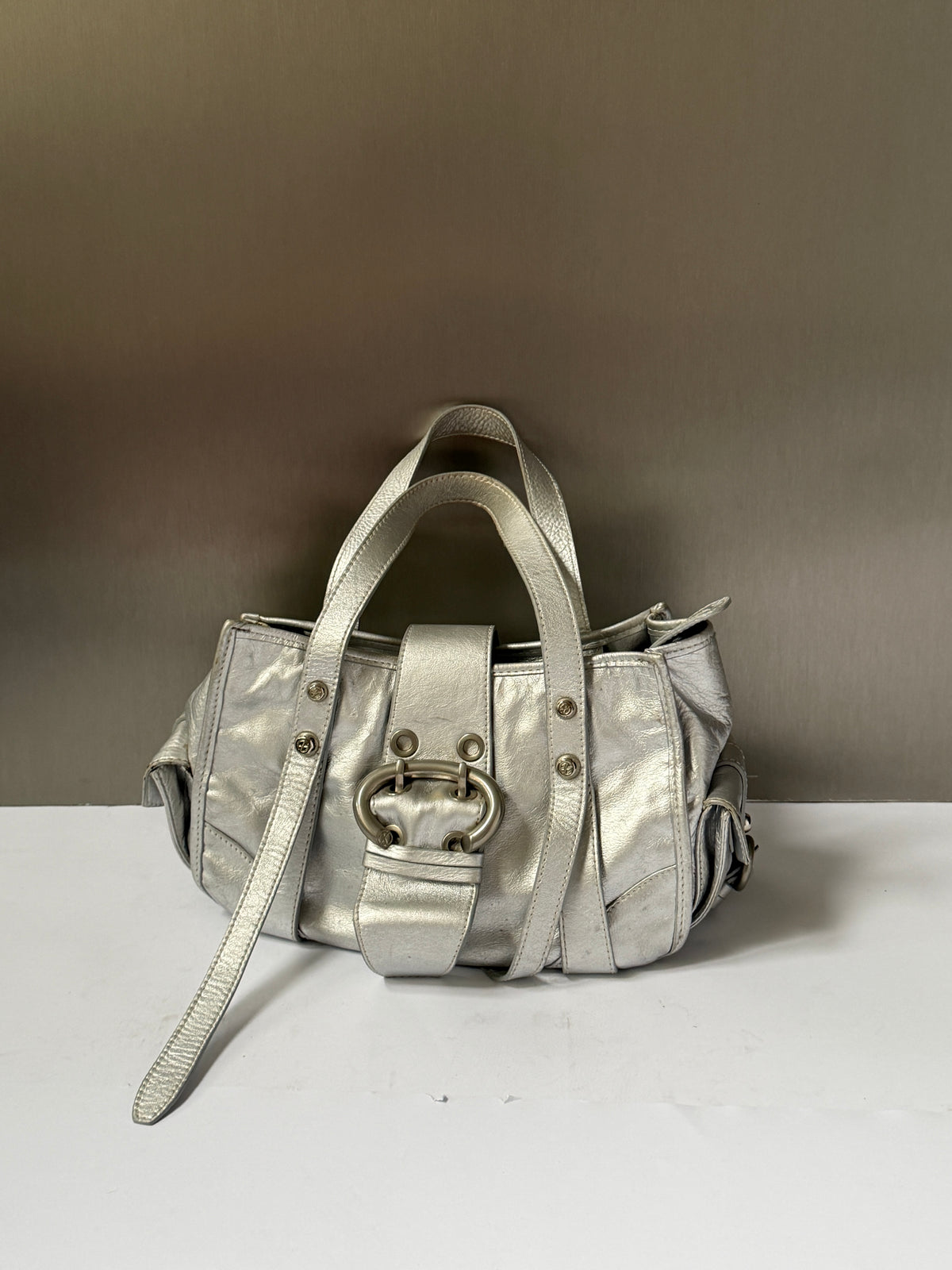 Metallic Silver Leather Bag with Ring Buckle Detail