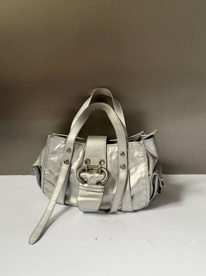 Metallic Silver Leather Bag with Ring Buckle Detail