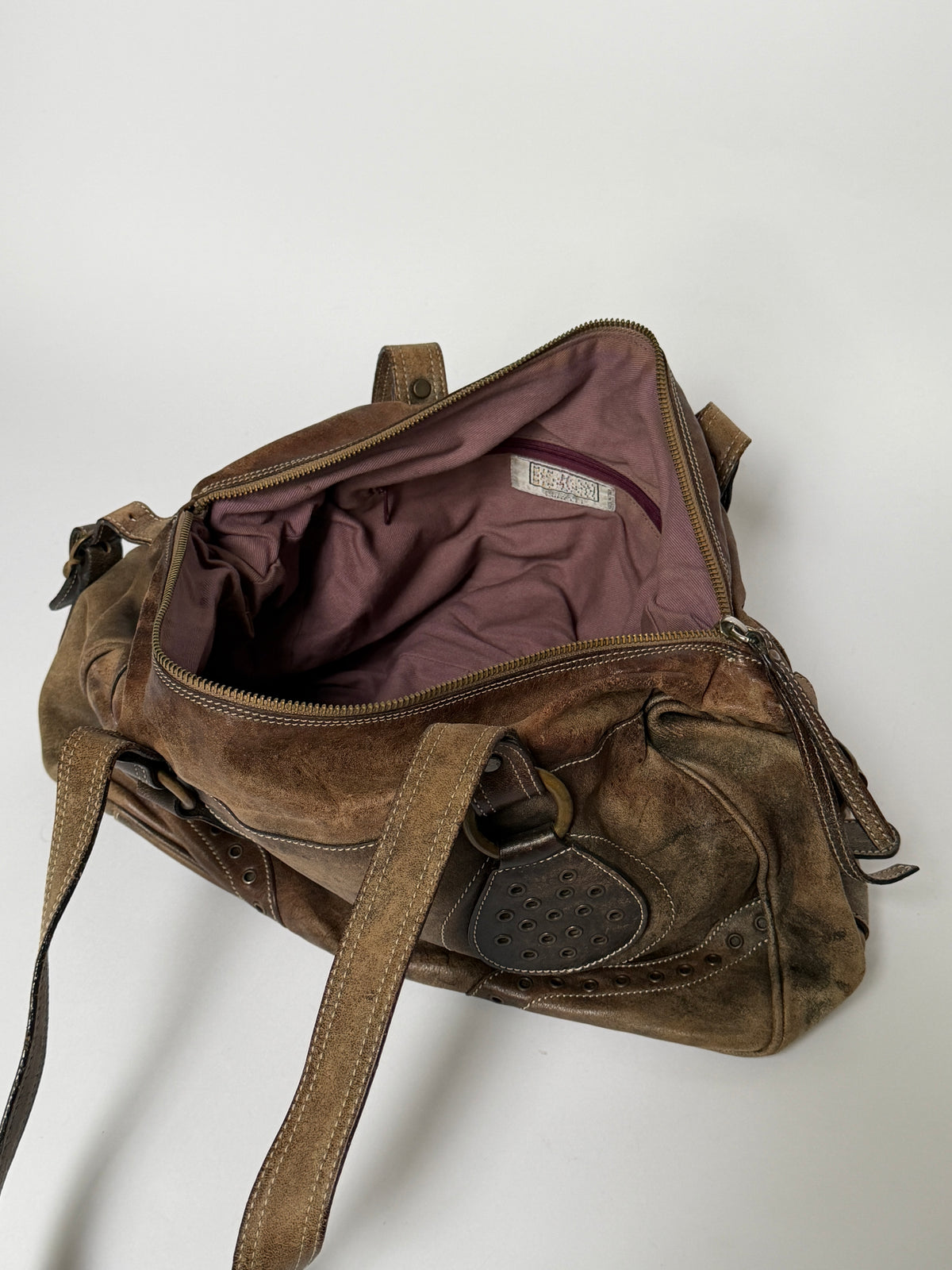 Brown Distressed Leather Y2K Bowler Bag