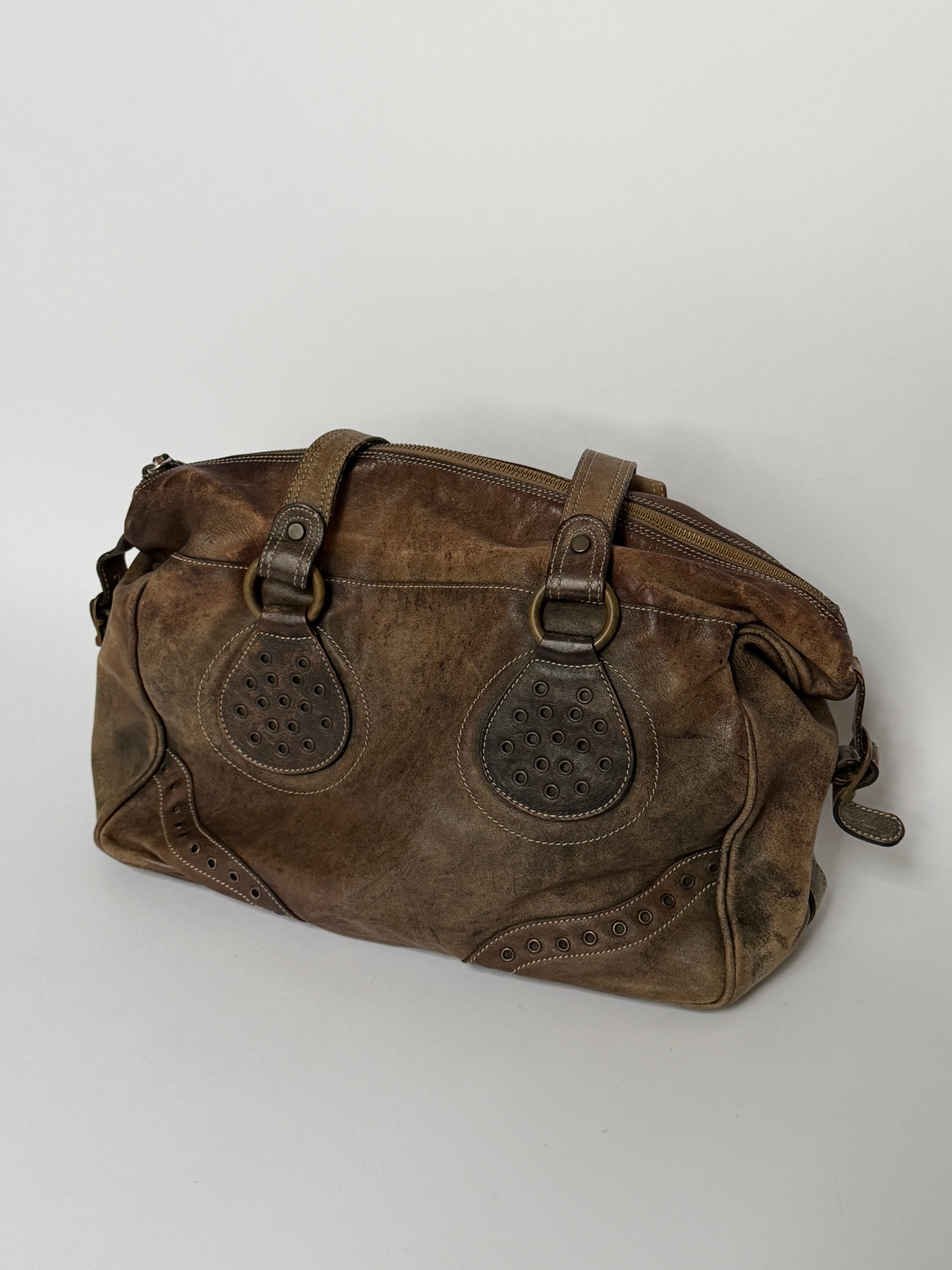 Brown Distressed Leather Y2K Bowler Bag