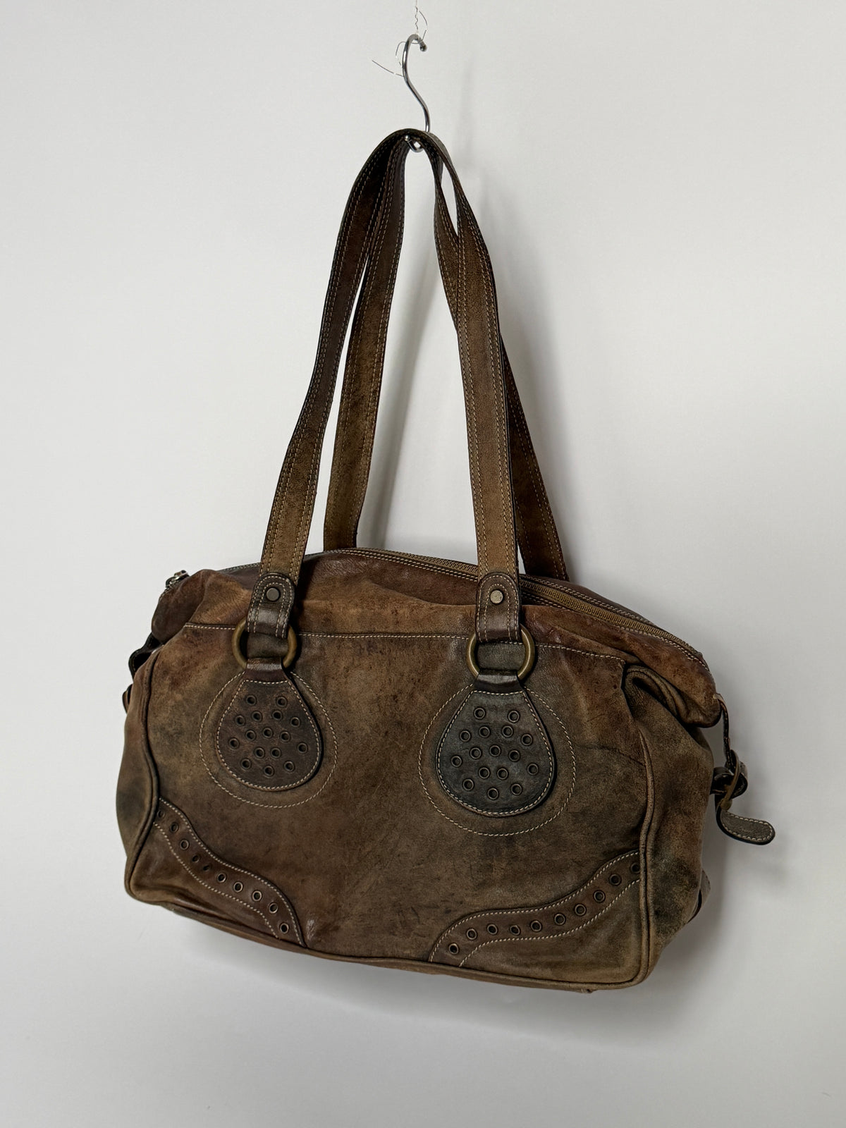Brown Distressed Leather Y2K Bowler Bag
