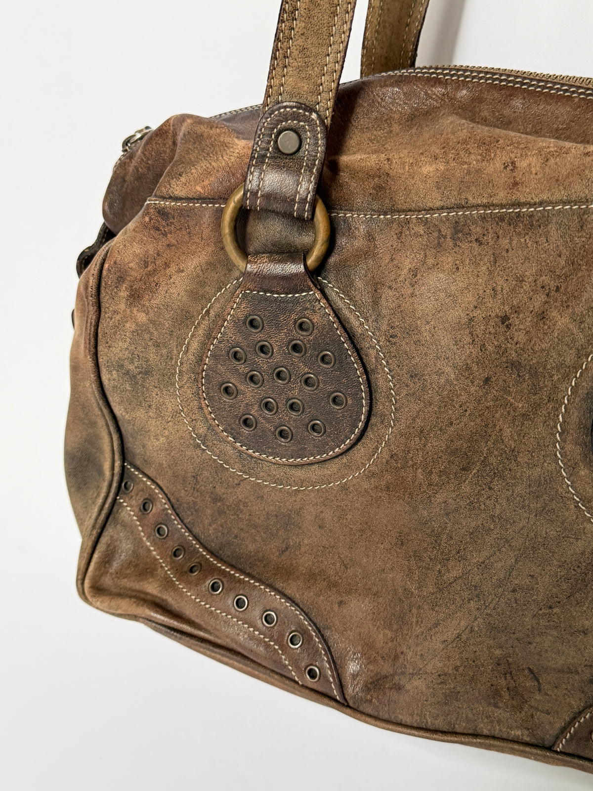 Brown Distressed Leather Y2K Bowler Bag