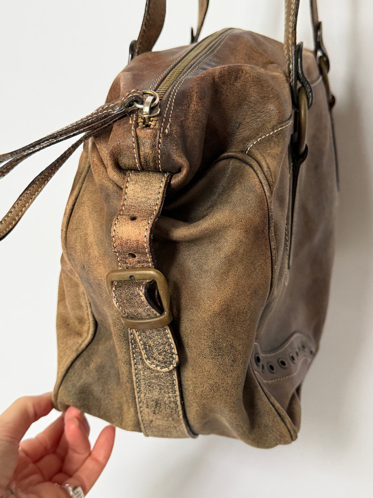 Brown Distressed Leather Y2K Bowler Bag