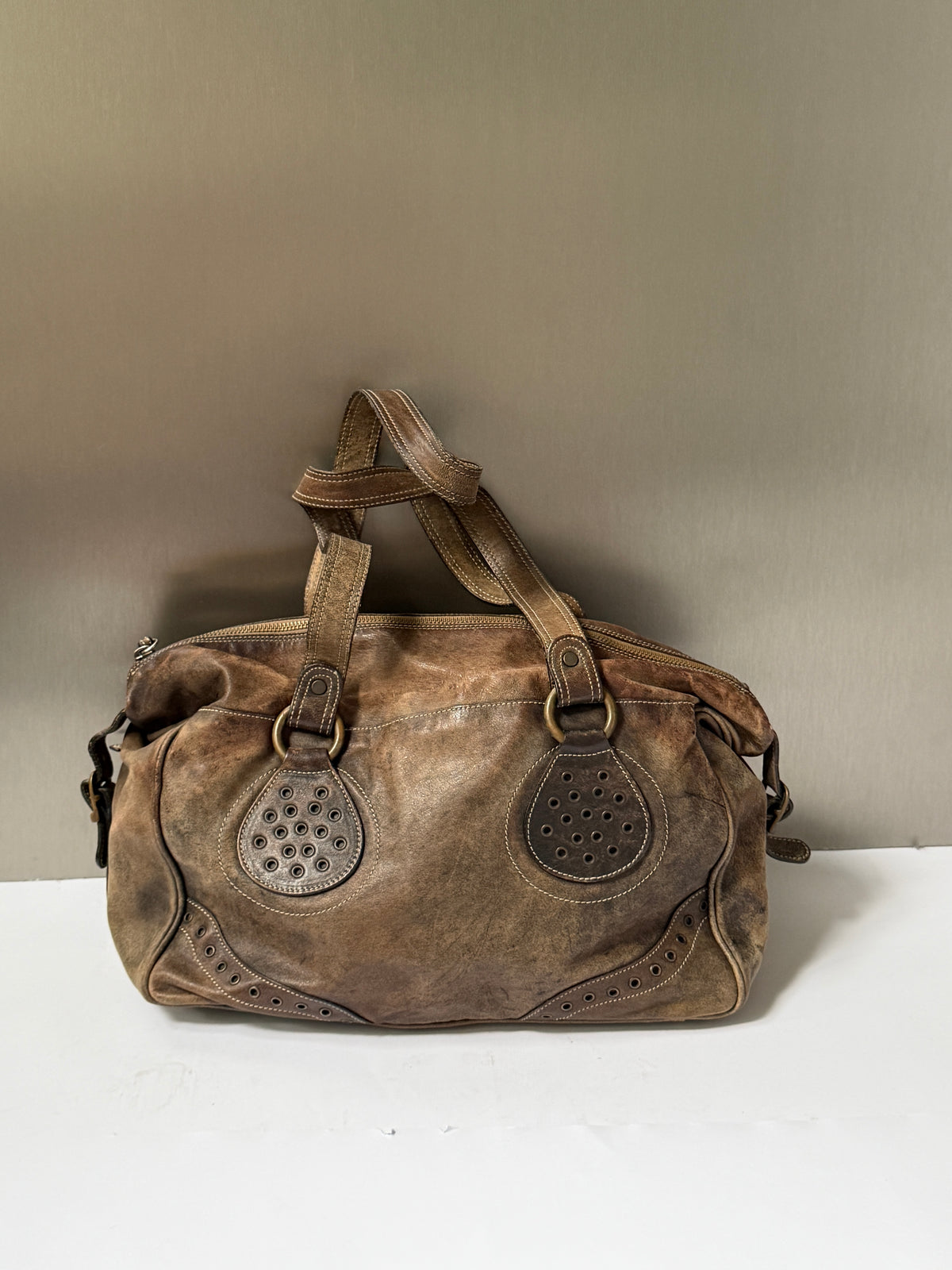 Brown Distressed Leather Y2K Bowler Bag