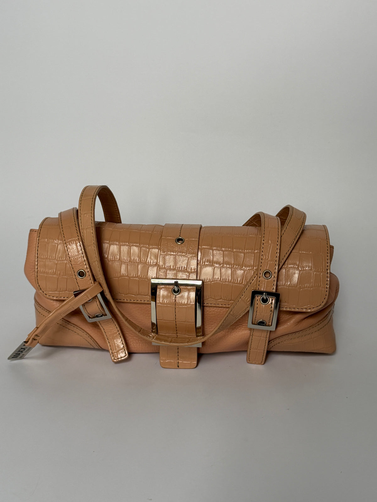 Salmon Pink Croc-Embossed Leather Shoulder Bag