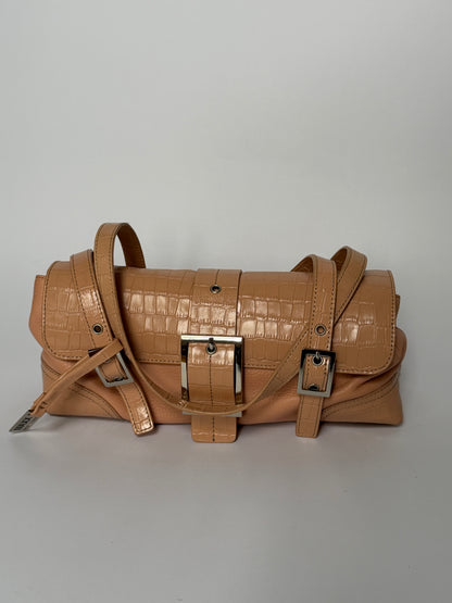 Salmon Pink Croc-Embossed Leather Shoulder Bag