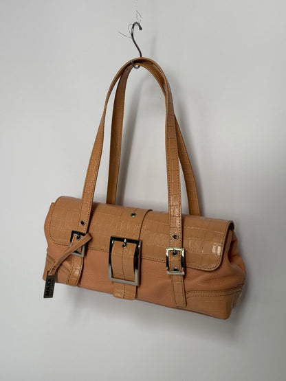 Salmon Pink Croc-Embossed Leather Shoulder Bag