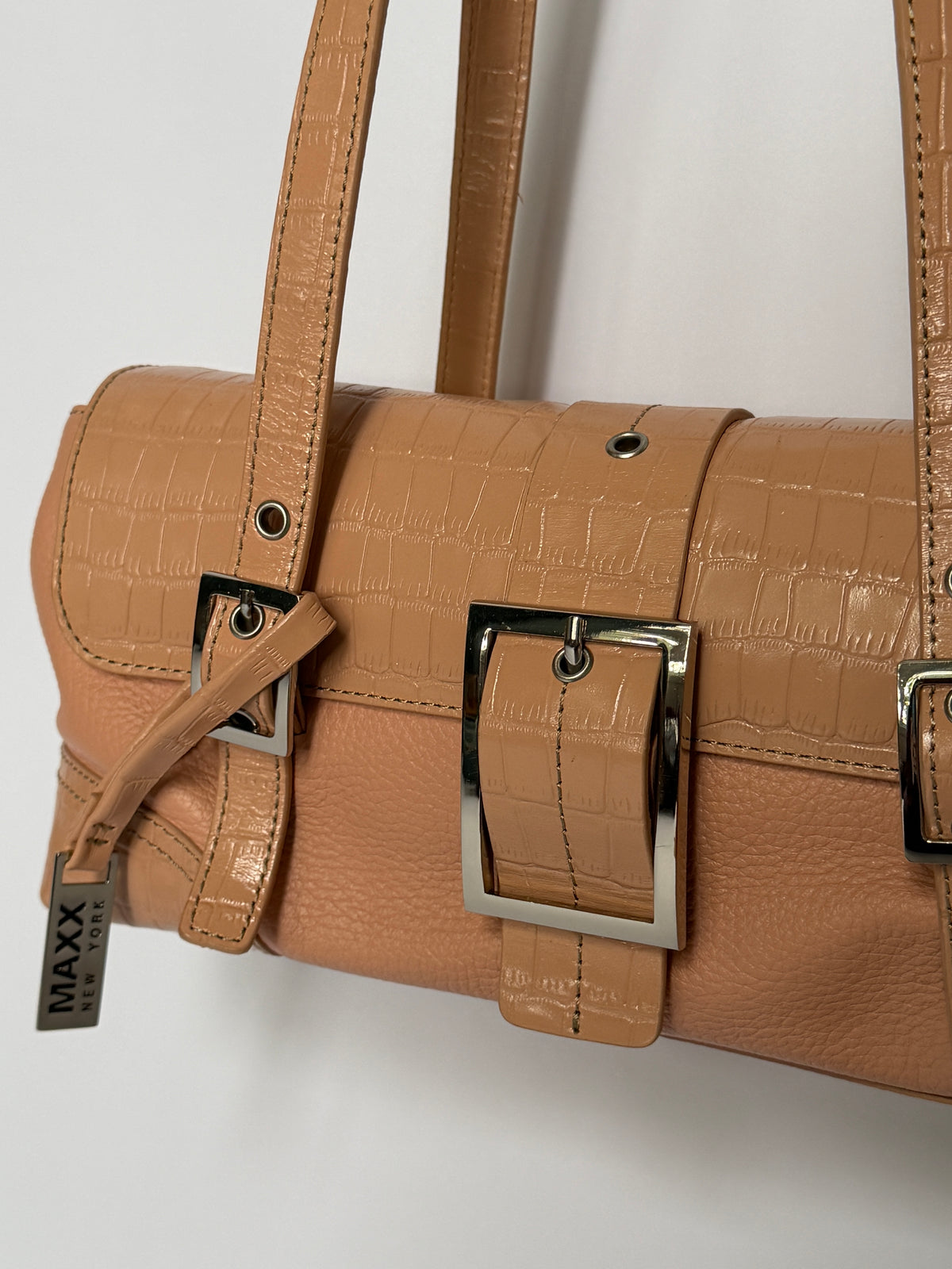 Salmon Pink Croc-Embossed Leather Shoulder Bag