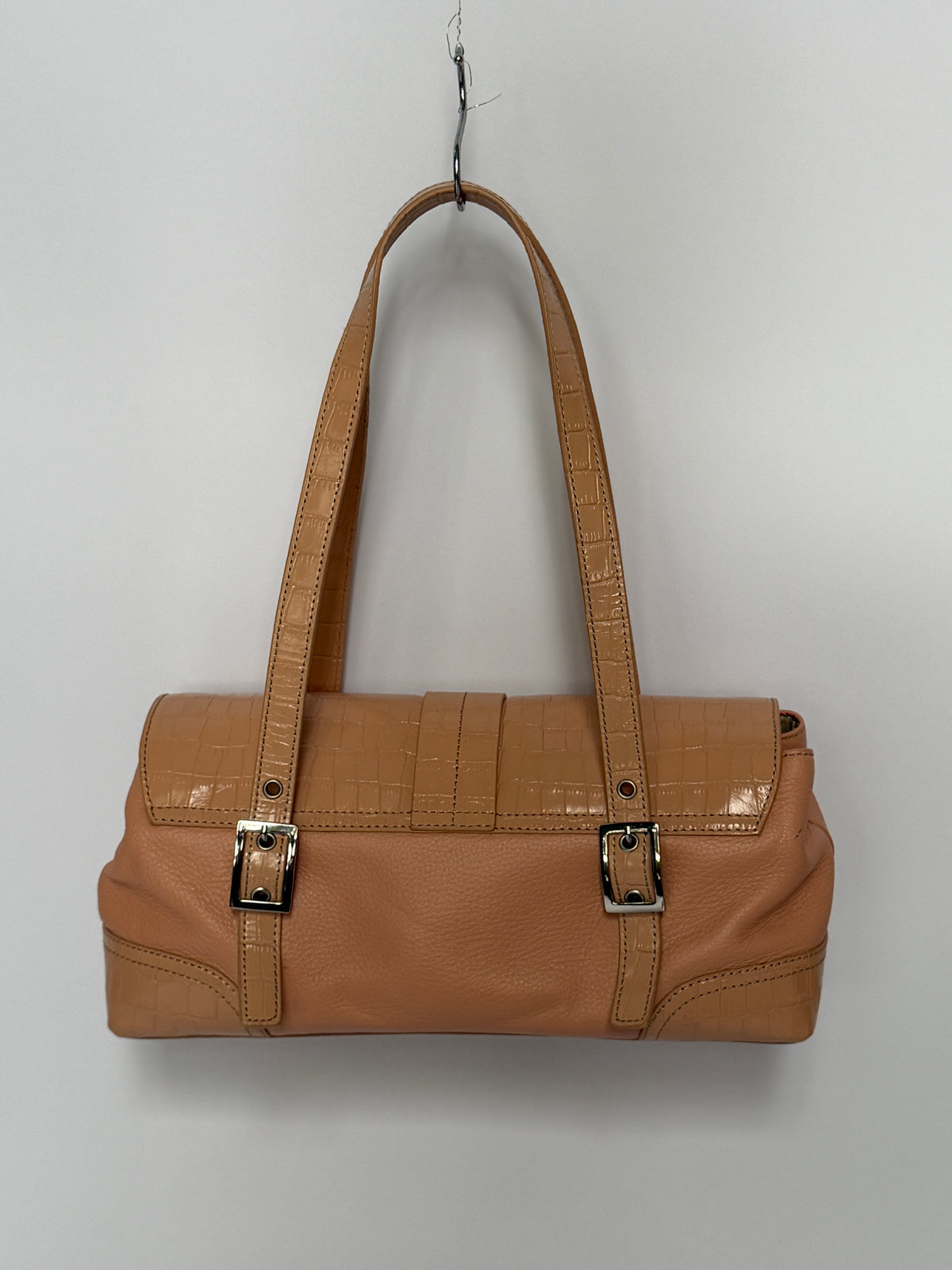 Salmon Pink Croc-Embossed Leather Shoulder Bag