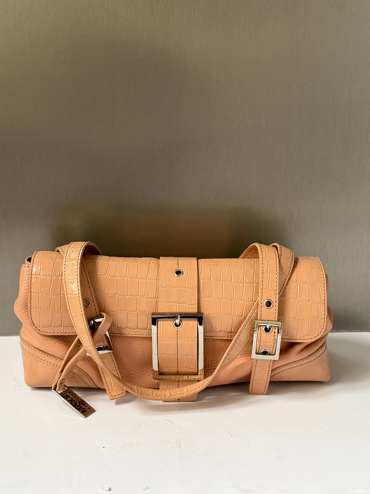 Salmon Pink Croc-Embossed Leather Shoulder Bag