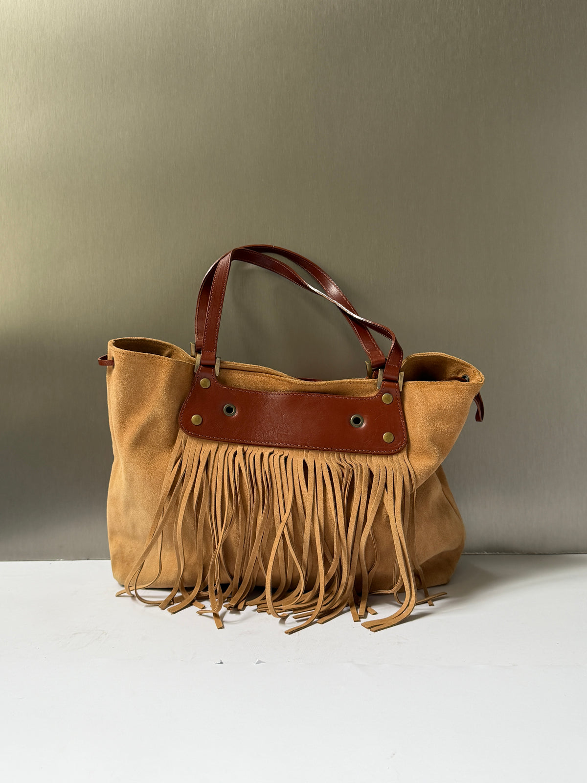 Tan Suede Fringe Tote Bag