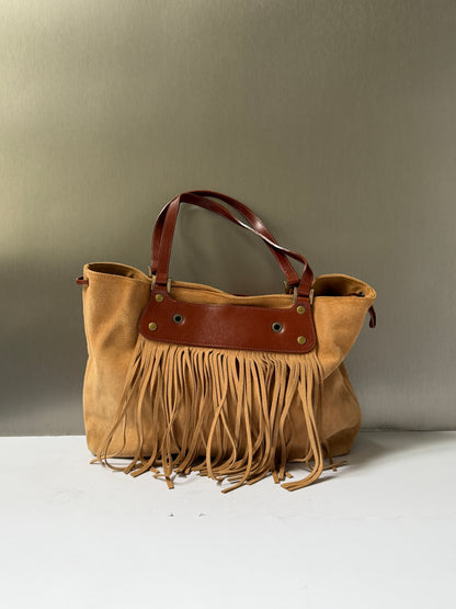 Tan Suede Fringe Tote Bag
