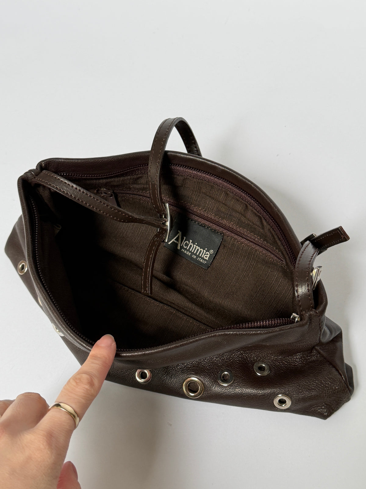 Dark Brown Leather Eyelet Grommet Shoulder Bag