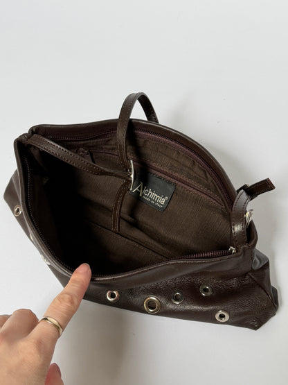 Dark Brown Leather Eyelet Grommet Shoulder Bag