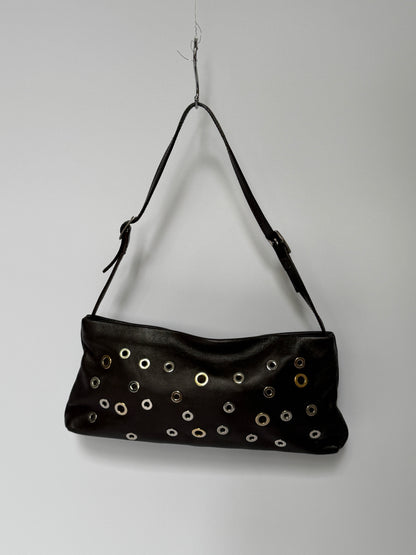 Dark Brown Leather Eyelet Grommet Shoulder Bag