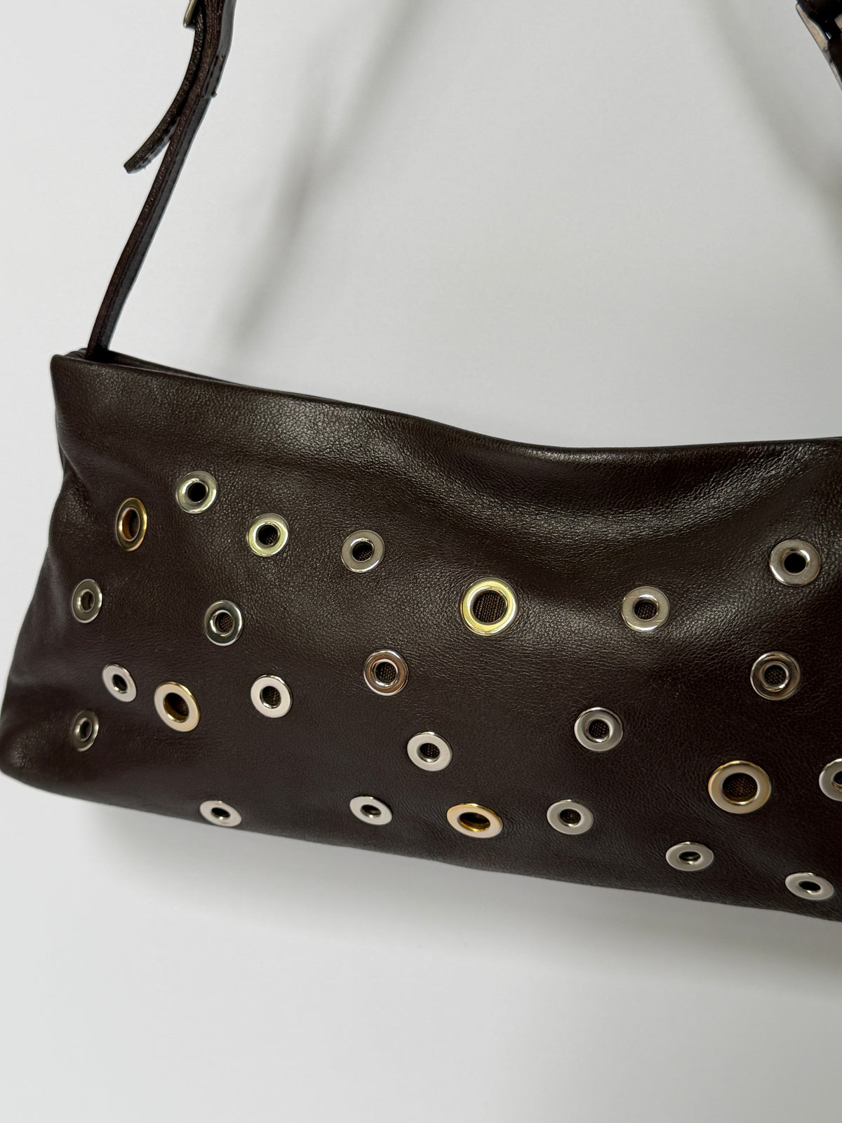 Dark Brown Leather Eyelet Grommet Shoulder Bag