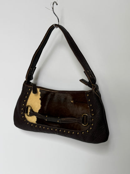 Leather & Cowhide Shoulder Bag with Equestrian Buckle Detail
