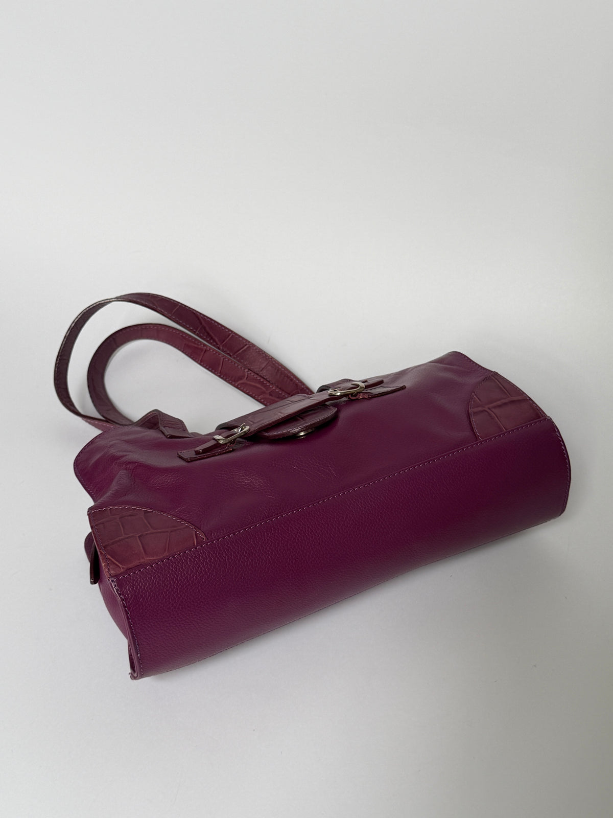 Plum Leather Shoulder Bag with Croc-Embossed Trim