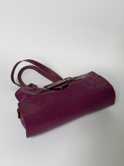 Plum Leather Shoulder Bag with Croc-Embossed Trim