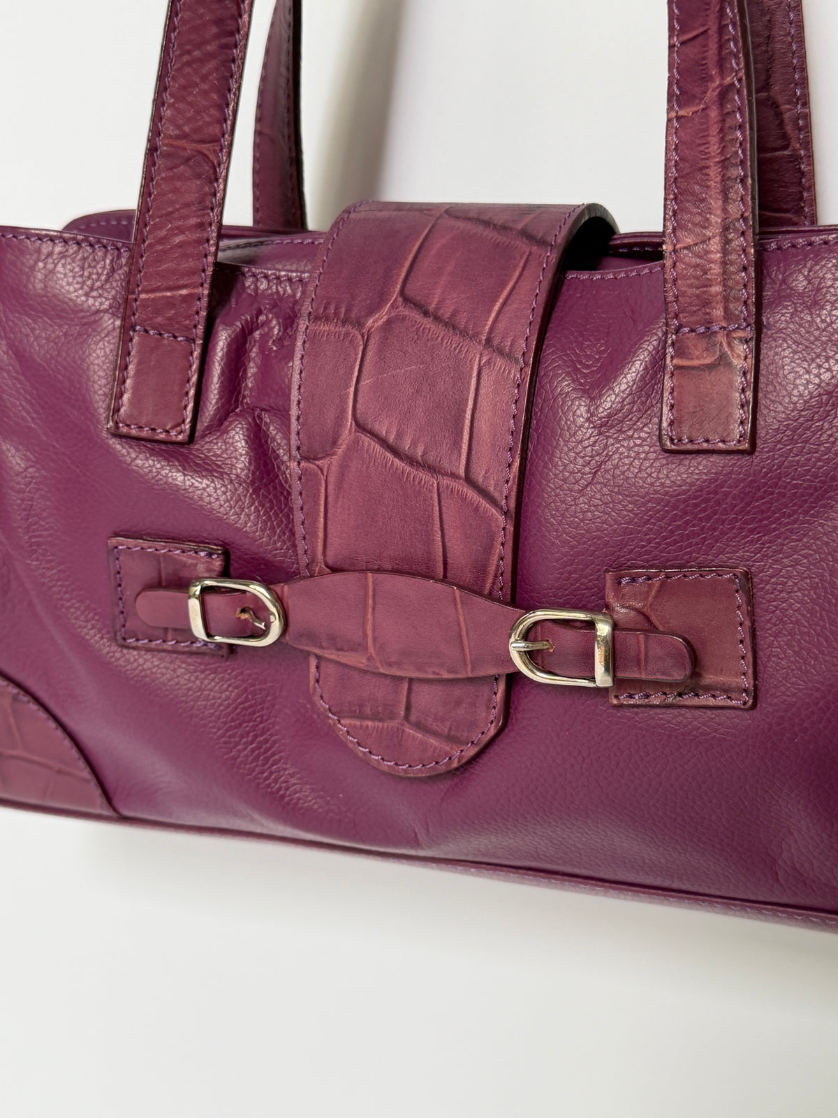 Plum Leather Shoulder Bag with Croc-Embossed Trim