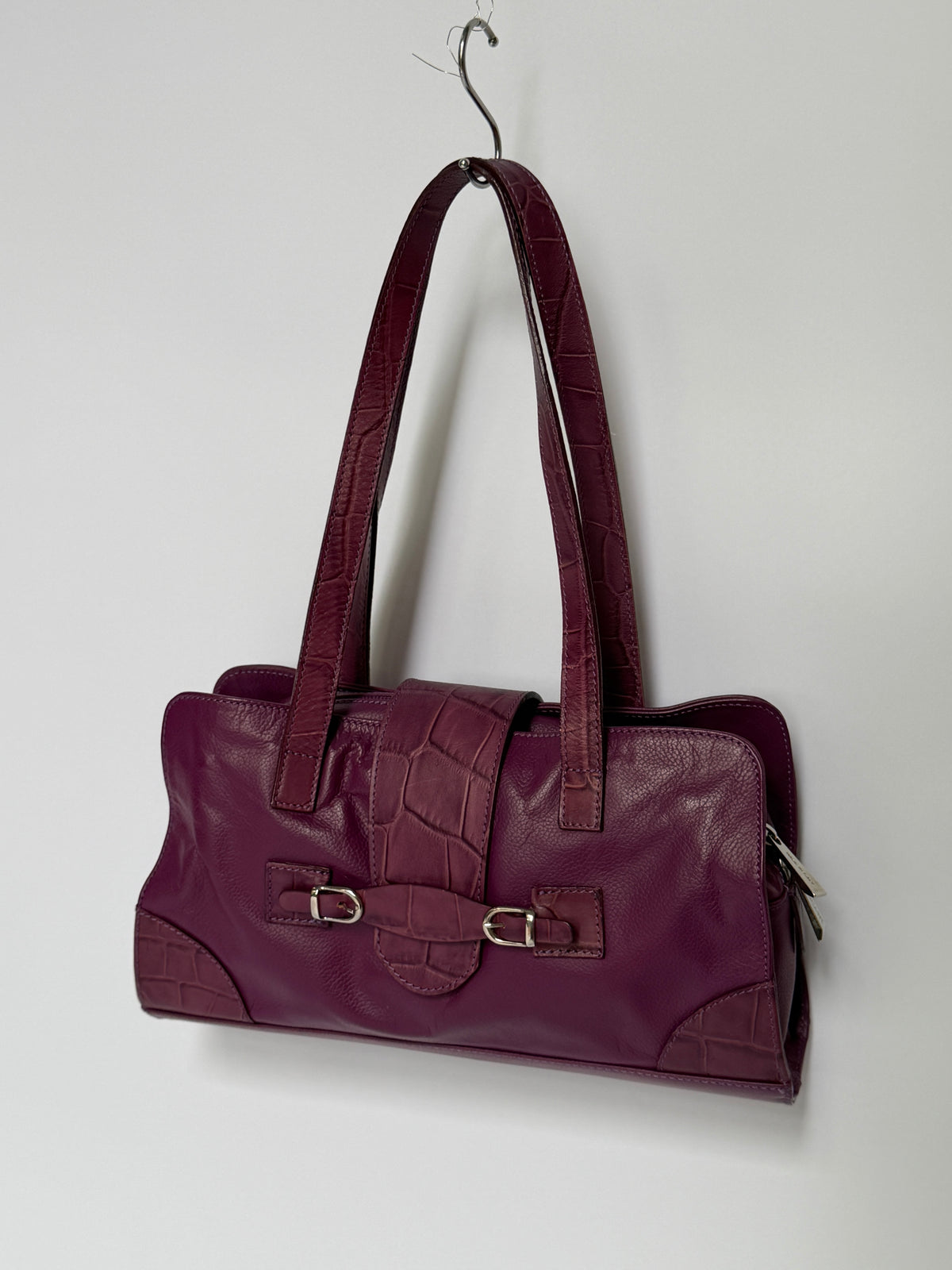 Plum Leather Shoulder Bag with Croc-Embossed Trim