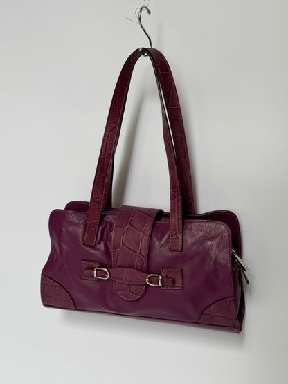 Plum Leather Shoulder Bag with Croc-Embossed Trim