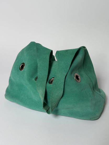 Aqua Suede Hobo Tote Bag with Grommet Detail