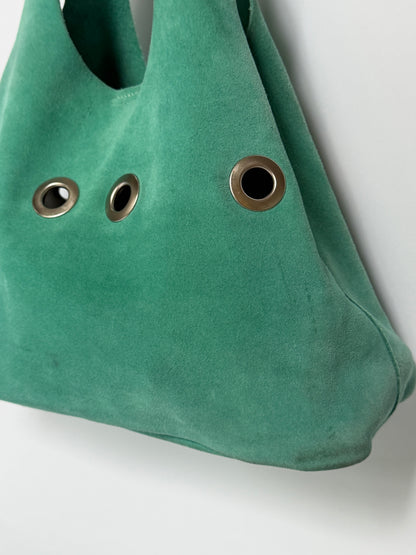 Aqua Suede Hobo Tote Bag with Grommet Detail