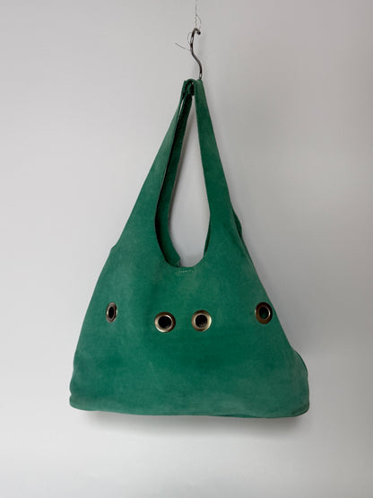 Aqua Suede Hobo Tote Bag with Grommet Detail