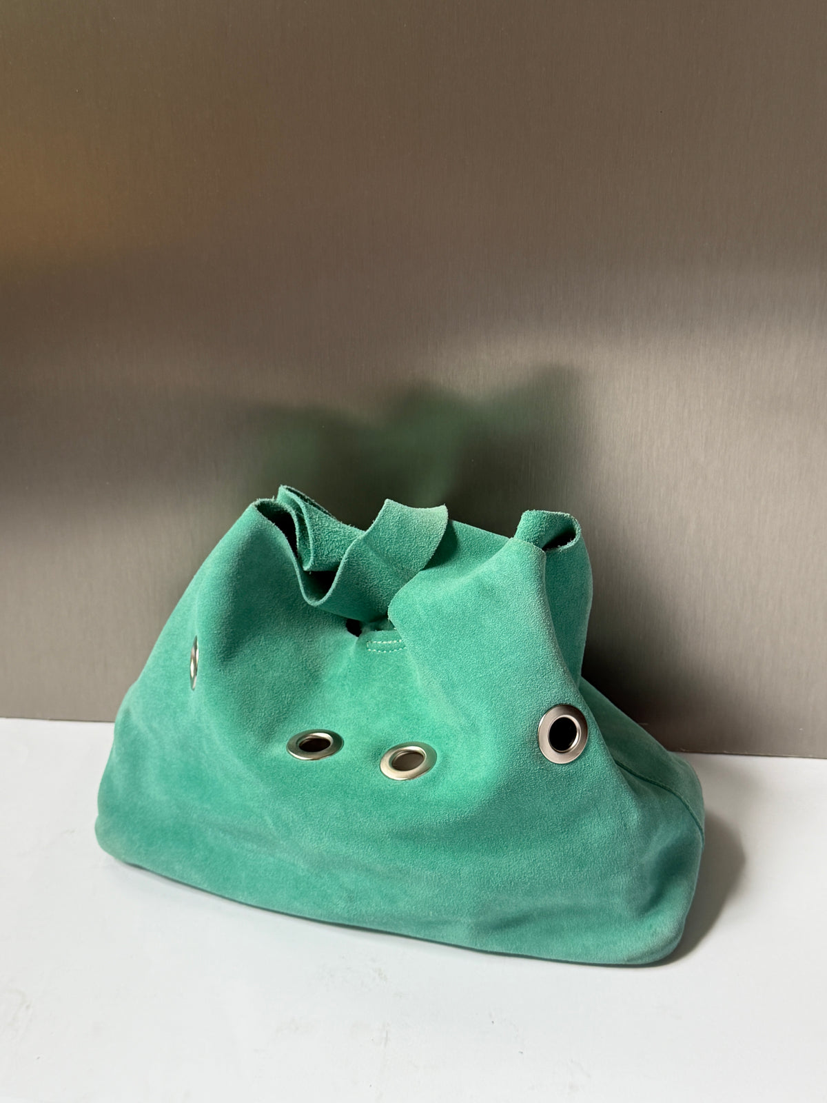 Aqua Suede Hobo Tote Bag with Grommet Detail