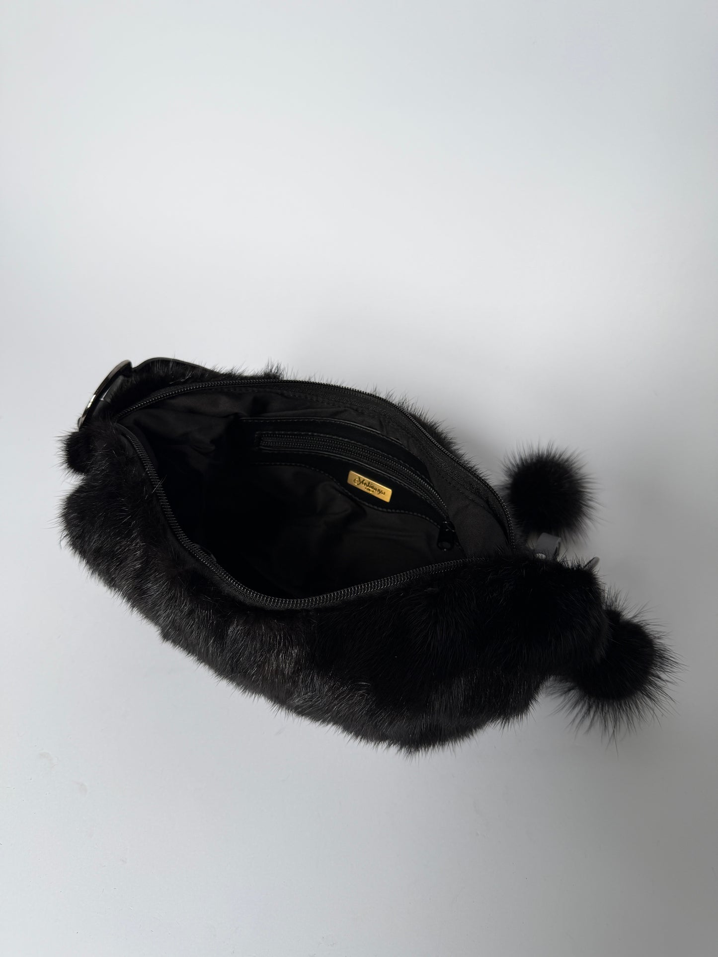Black Mink Fur Crescent Bag with Pom-Pom