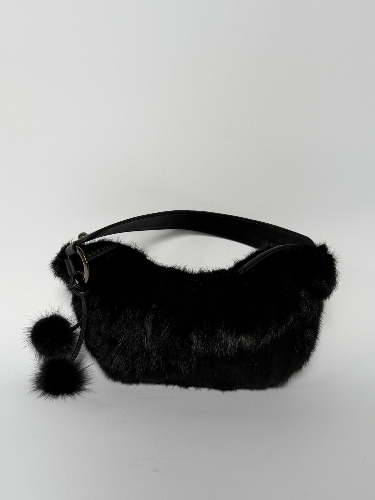 Black Mink Fur Crescent Bag with Pom-Pom