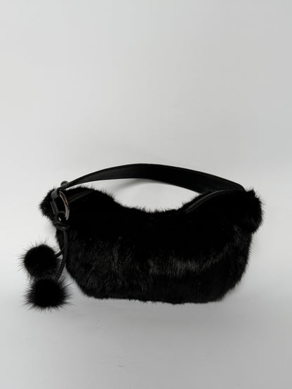 Black Mink Fur Crescent Bag with Pom-Pom