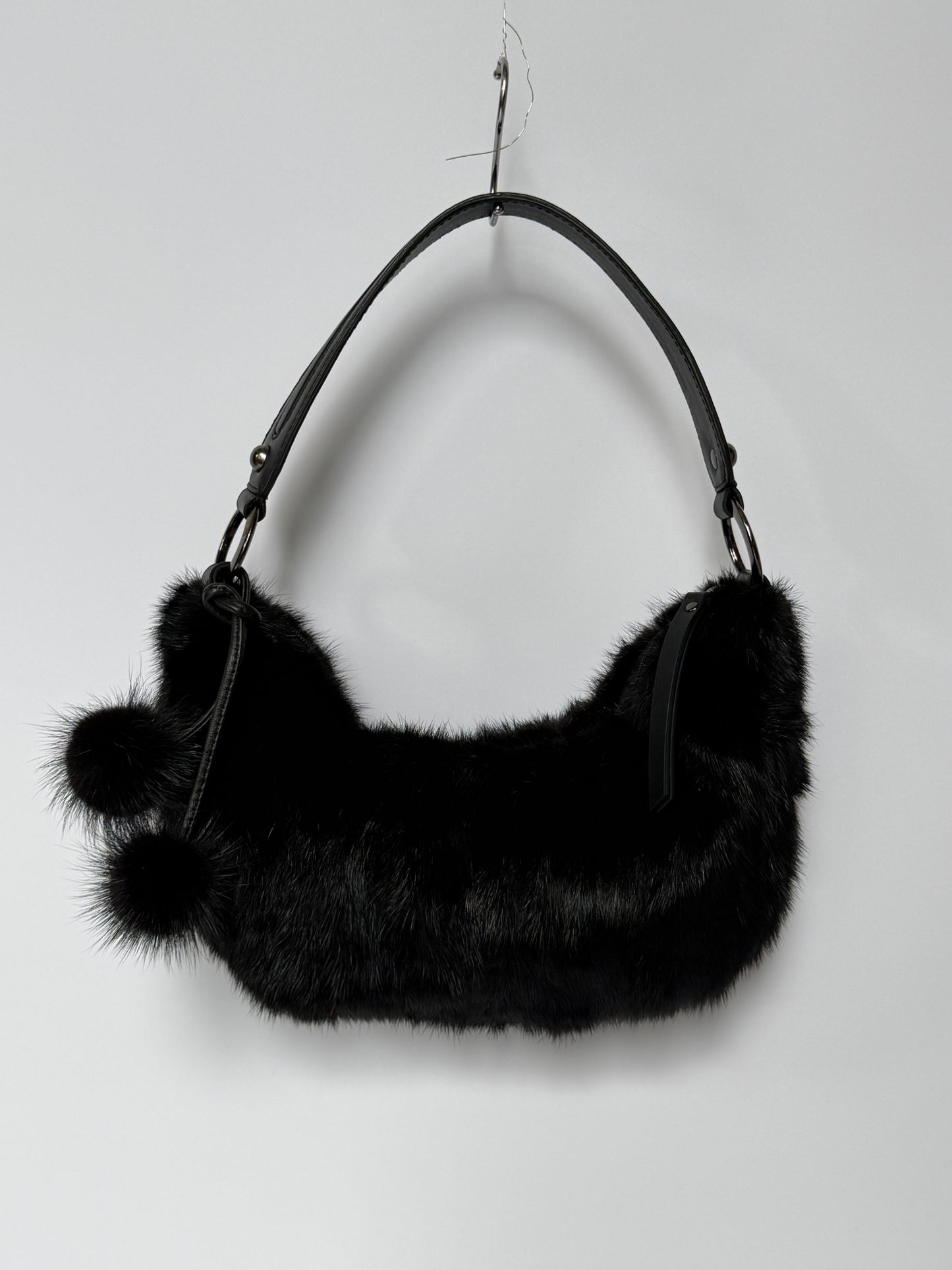 Black Mink Fur Crescent Bag with Pom-Pom