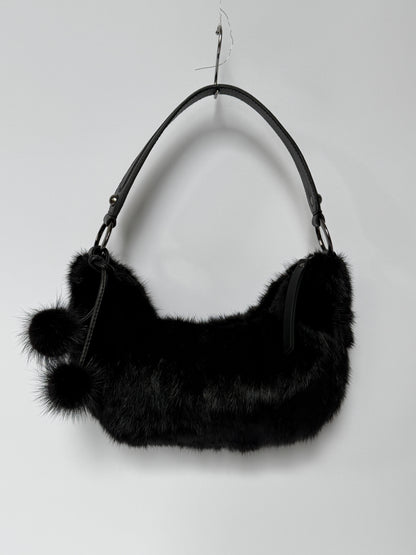 Black Mink Fur Crescent Bag with Pom-Pom
