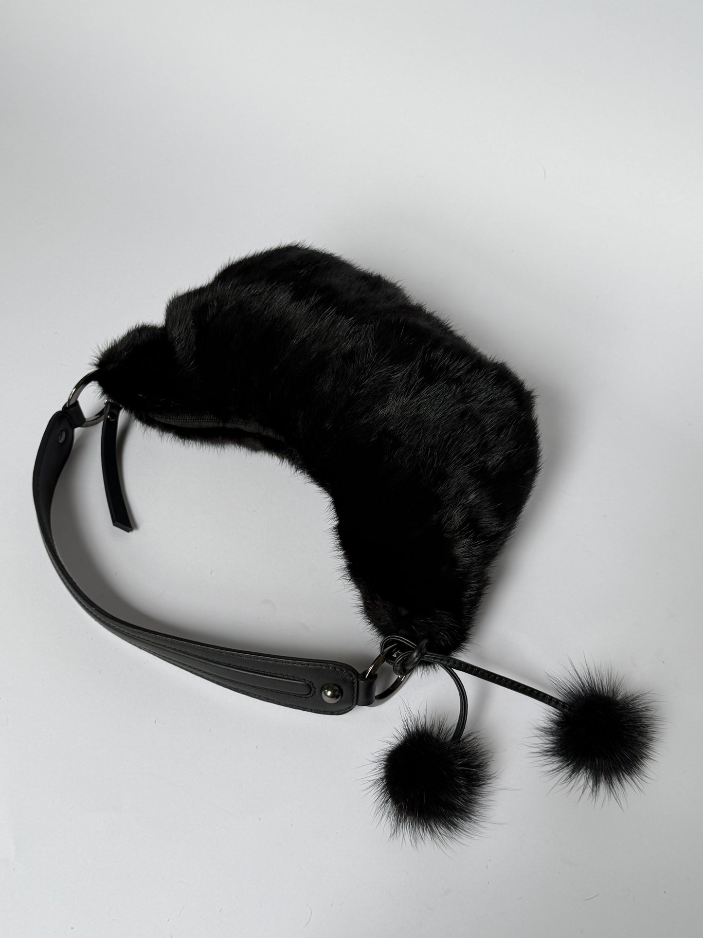 Black Mink Fur Crescent Bag with Pom-Pom