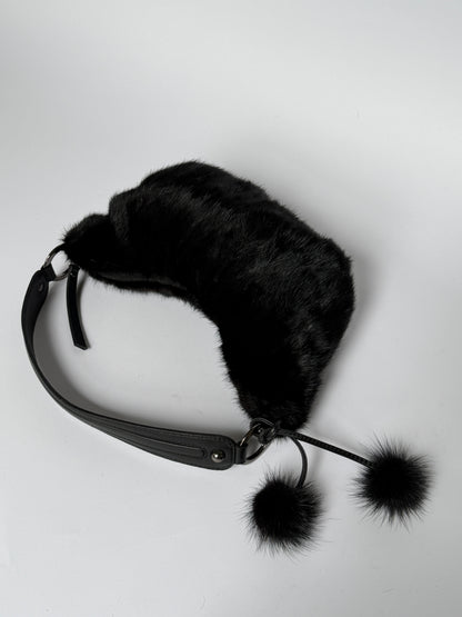 Black Mink Fur Crescent Bag with Pom-Pom