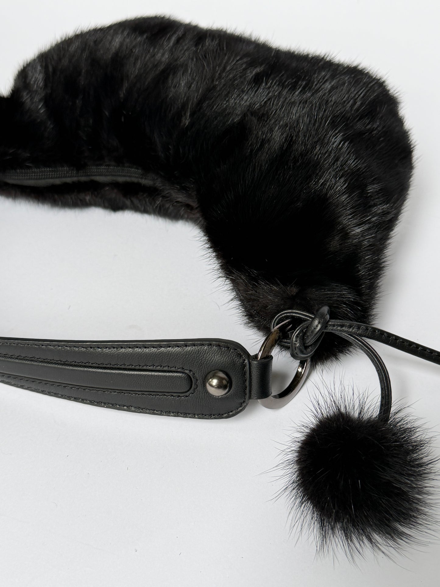 Black Mink Fur Crescent Bag with Pom-Pom