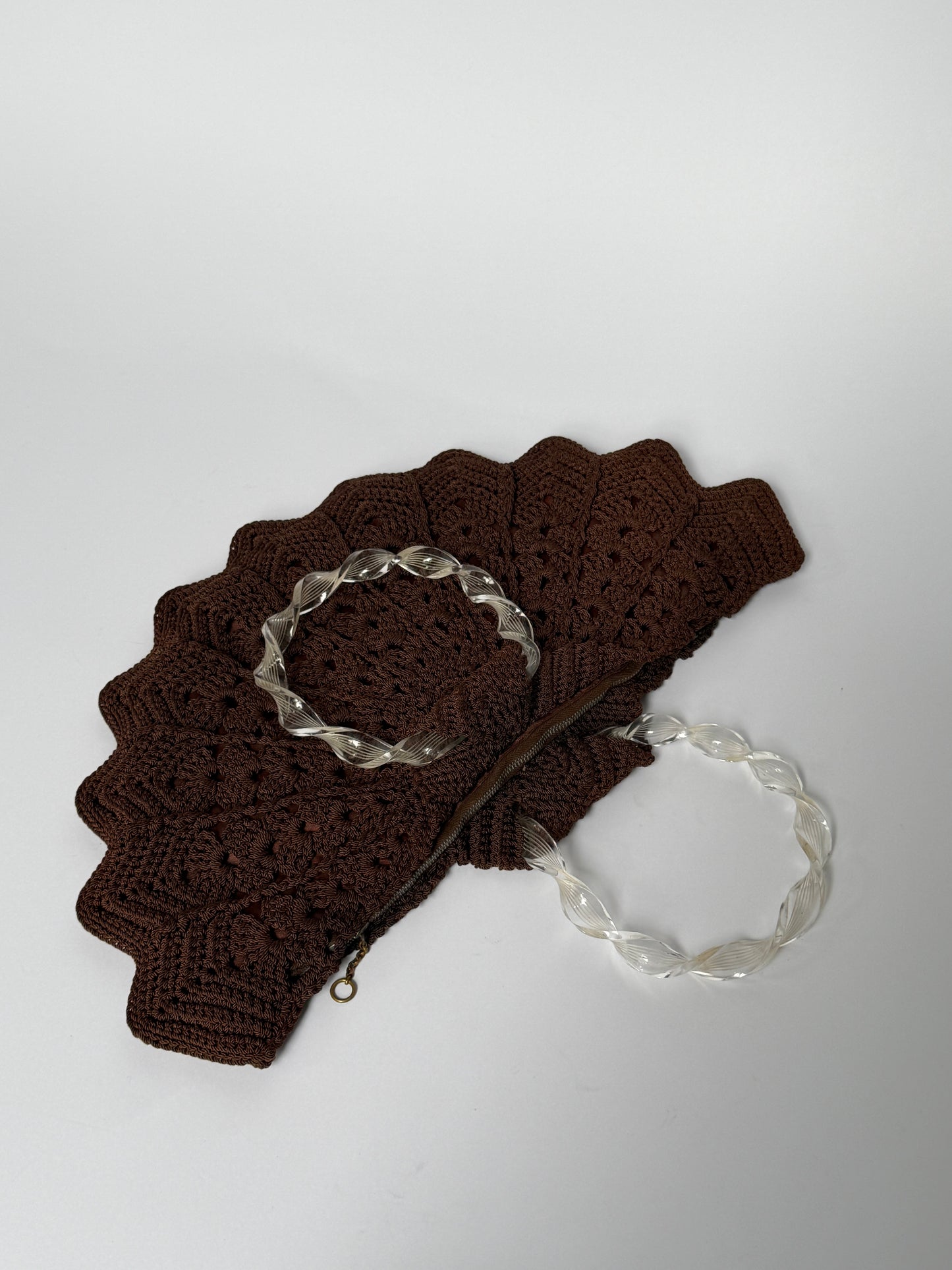 Vintage Brown Shell Crochet Top Handle Bag — 1940s/50s