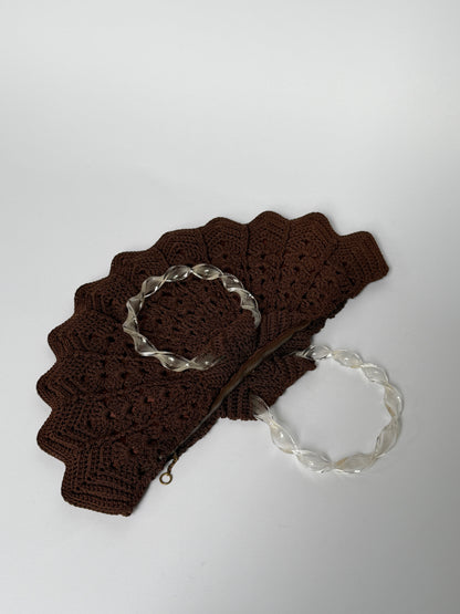 Vintage Brown Shell Crochet Top Handle Bag — 1940s/50s