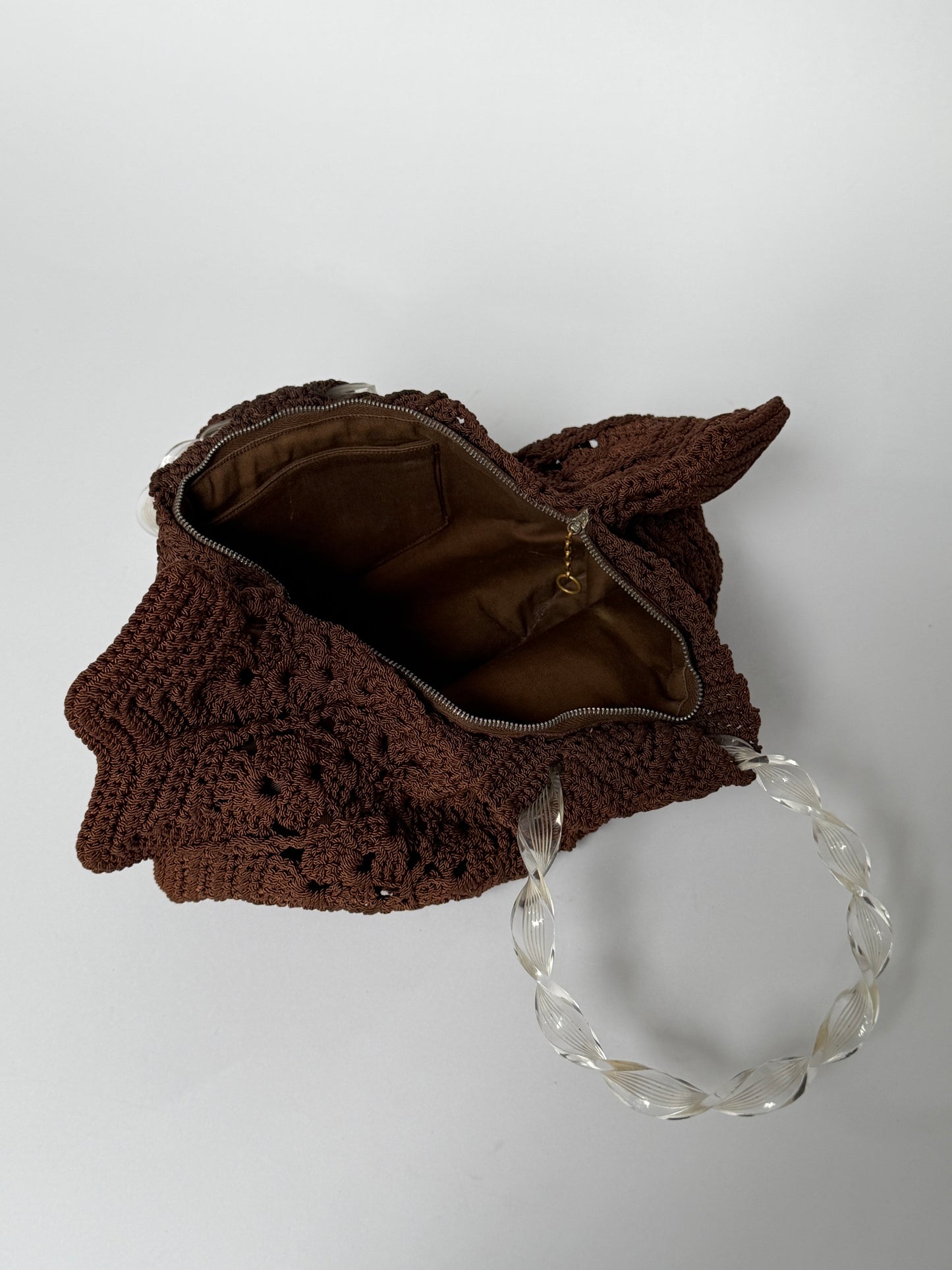 Vintage Brown Shell Crochet Top Handle Bag — 1940s/50s