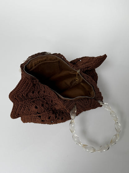 Vintage Brown Shell Crochet Top Handle Bag — 1940s/50s