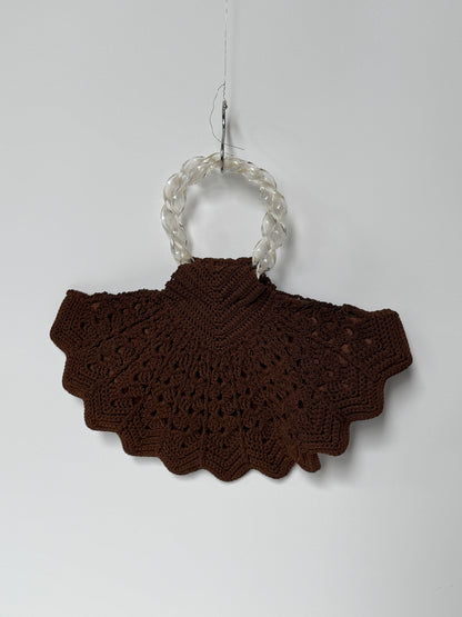 Vintage Brown Shell Crochet Top Handle Bag — 1940s/50s