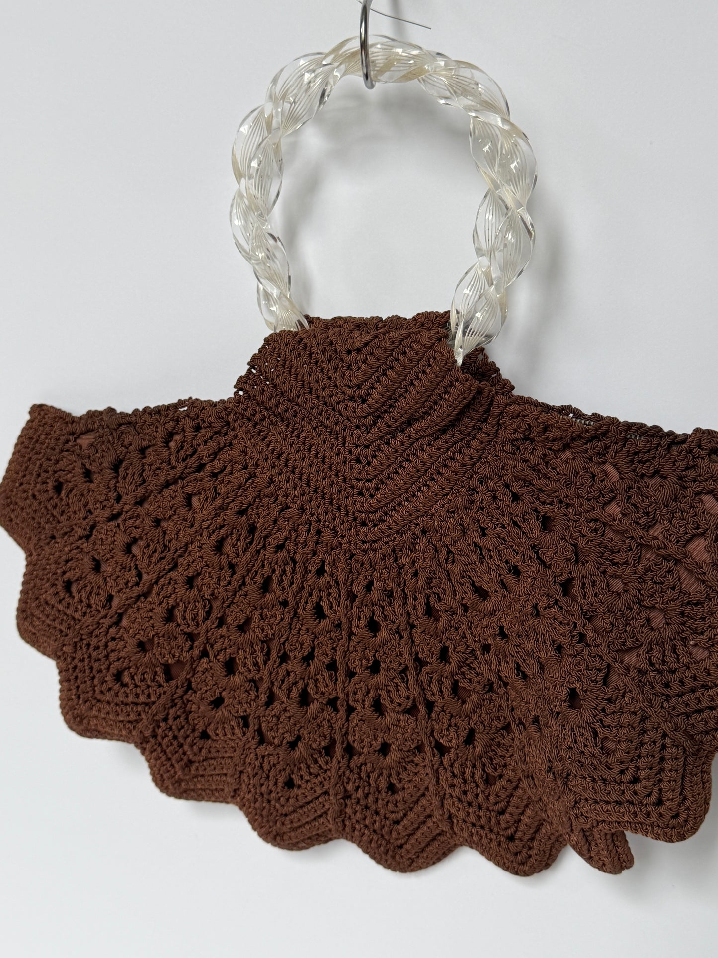 Vintage Brown Shell Crochet Top Handle Bag — 1940s/50s
