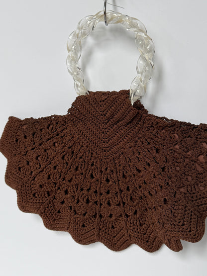 Vintage Brown Shell Crochet Top Handle Bag — 1940s/50s