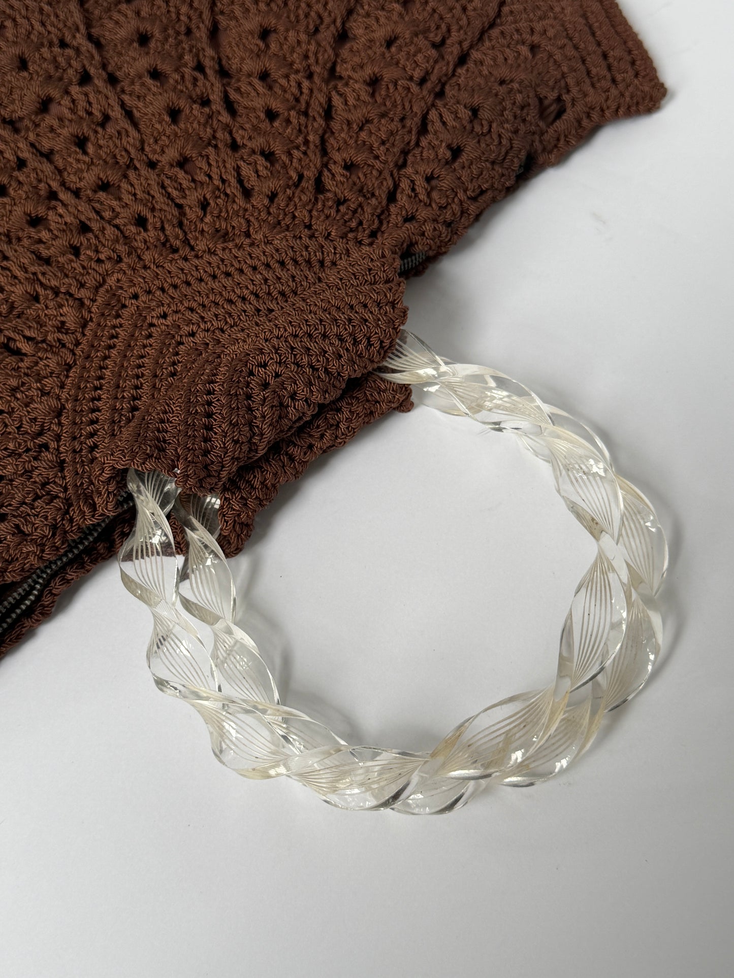 Vintage Brown Shell Crochet Top Handle Bag — 1940s/50s