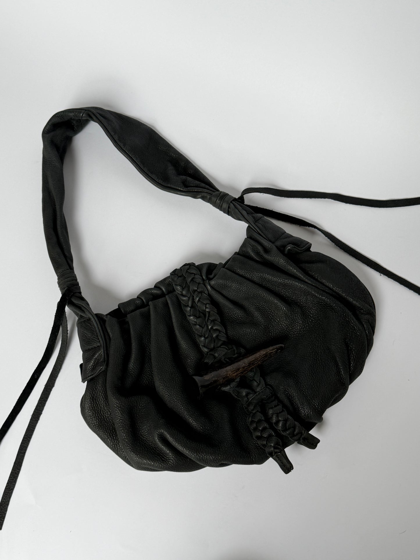 Black Braided Leather Shoulder Bag — Horn Detail