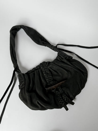 Black Braided Leather Shoulder Bag — Horn Detail