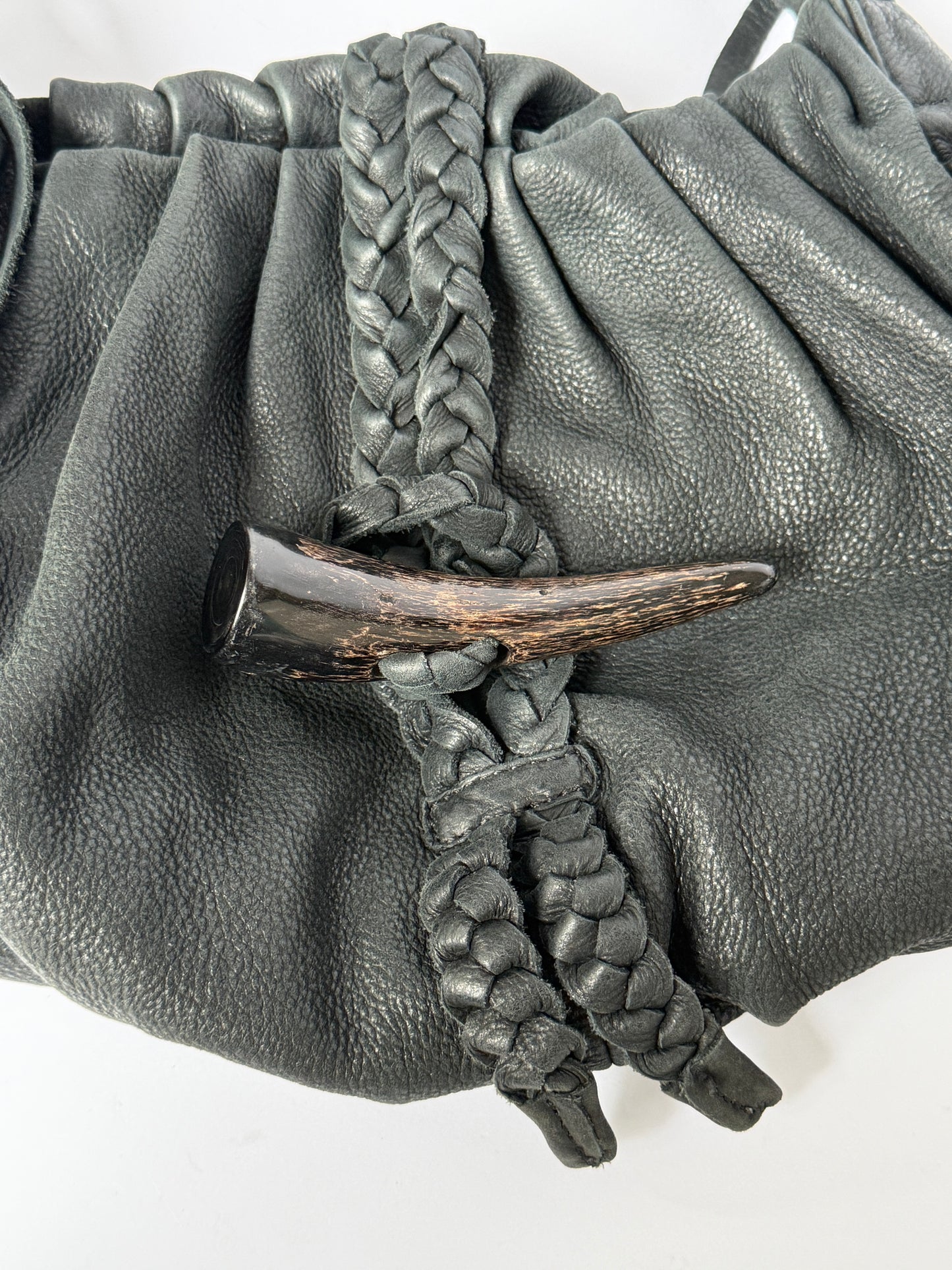 Black Braided Leather Shoulder Bag — Horn Detail