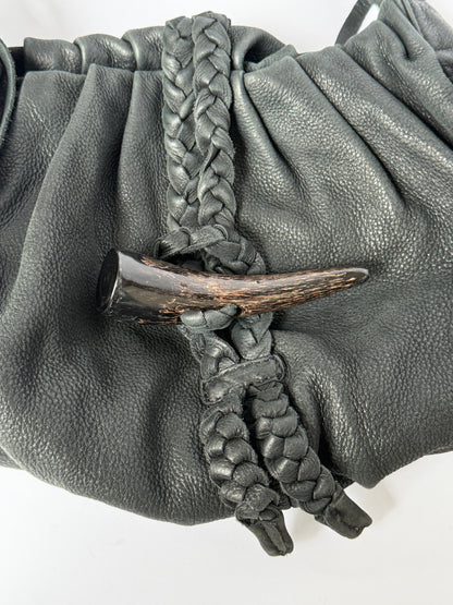 Black Braided Leather Shoulder Bag — Horn Detail